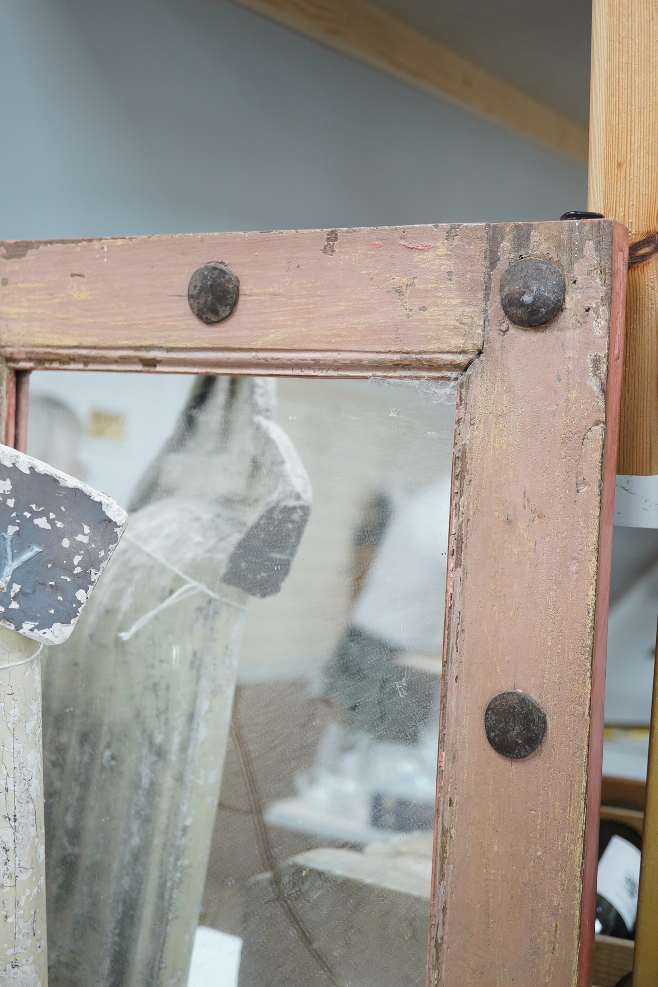 A sherry advertising niche, a wall mirror and carved capital, advertising niche 56cm high. Condition - poor